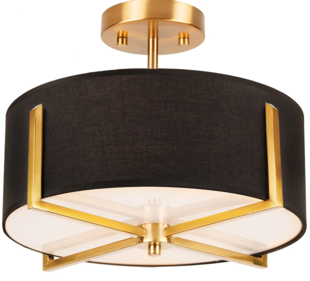 Edwarmlux 3Light Semi Flush Mount Ceiling Light Fixture, 13.7" Gold Drum Light with Black Fabric Shade, Modern Close to Ceiling Lamp for Living Room Bedroom Dining Room Kitchen Hallway Entry Foyer