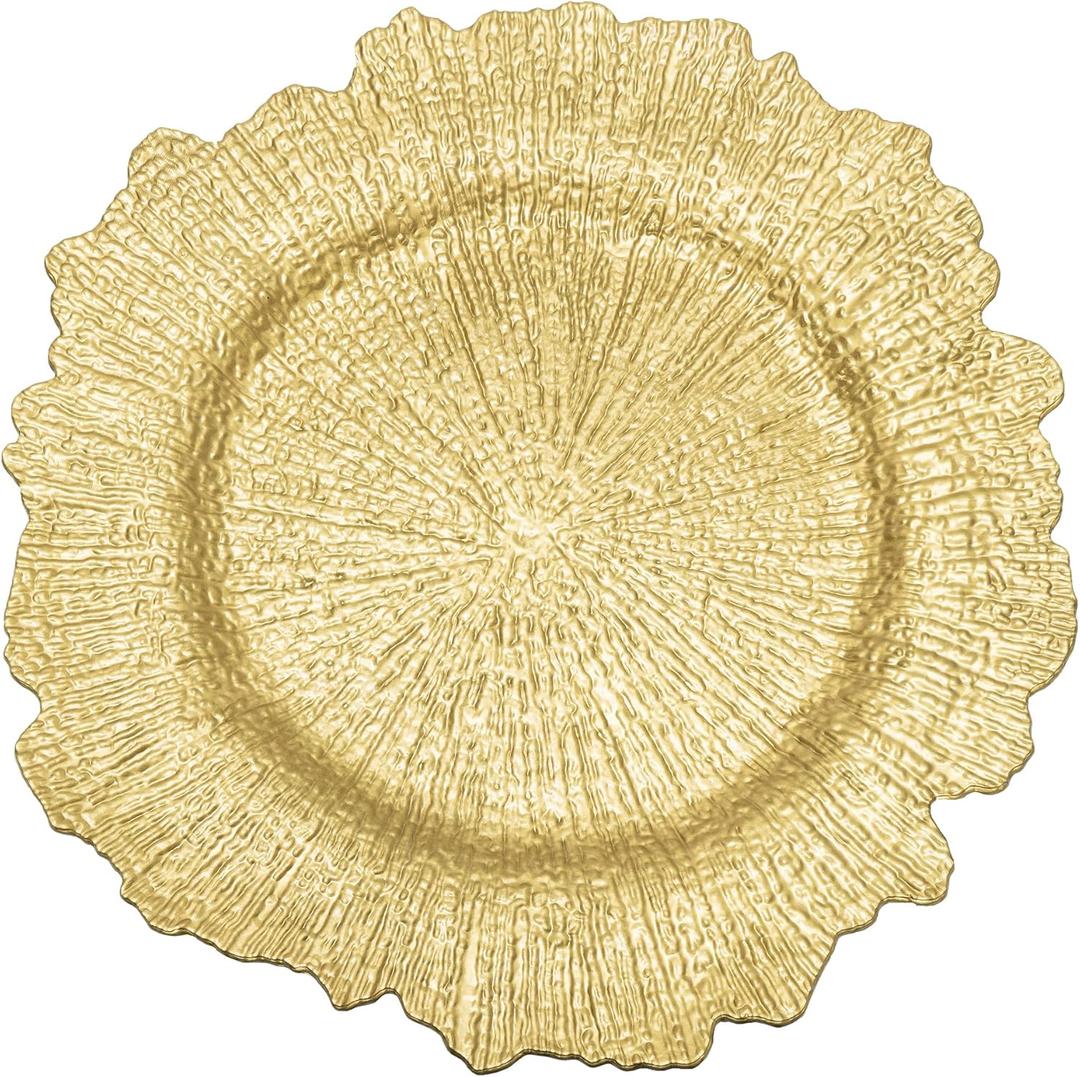 Simply Elegant Large Reef Plastic Charger Plate | Service Plate for Parties, Dinner, Weddings, Quinceaneras and Events | 14 inch Diameter | Gold- Gloss Finish | Set of 24
