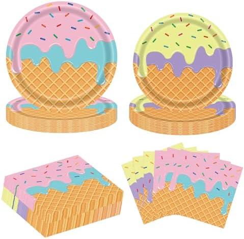 Lousuip 96PCS Ice Cream Plates and Napkins Party Supplies Ice Cream Disposable Paper Plates Napkins Tableware Set for Birthday Baby Shower Sweet Summer Ice Party, Serve 48 Guests