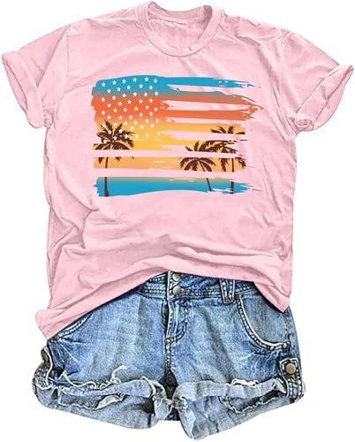PICKID Beach Shirts Women Hawaiian T-Shirt Palm Trees Beach Graphic Tee Summer Vacation Patriotic Short Sleeve Tops. Size L