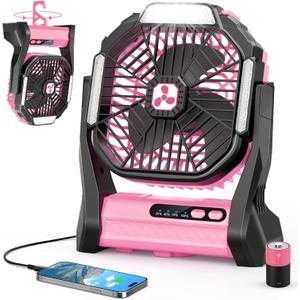 Portable Rechargeable Fan, 20000mAh Cordless Battery Powered Camping Tent Fans with SOS & LED Lantern, Small USB C Operated Outdoor Ventiladores for Travel Camp Fishing Office Home Essentials (Pink) (Large)