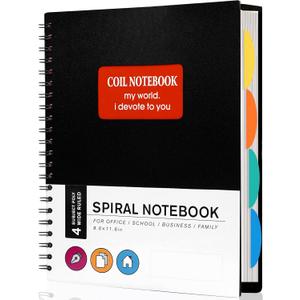 Yoment Spiral Notebook 8.5'' x 11'' Wide Ruled 5 Subject Notebooks with Dividers Tabs for Work Wide Ruled 240 Pages Lined Journal Multi Subject Notebook for Note Taking, Back to School, Gifts, Black (A4, 7.softcover-black)