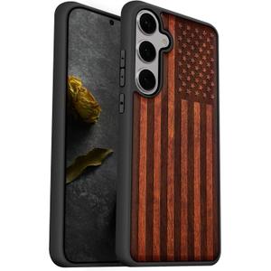 Carveit Wood Case for Galaxy S25 Case 2025 [Natural Wood & Black Soft TPU] Shockproof Protective Cover Unique Wooden Design Compatible with Samsung S25 (American Flag-Rosy)