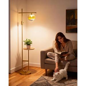 Lightdot 66IN Gold Dimmable Floor Lamps with Table, Modern Standing Tall Lamp with Brown Globe Glass Shade, Cross-Shaped Head and U-Pole Base for Living Room/Sofa Beside/Corner Decor(Bulb Included)