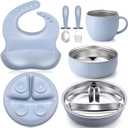 Nuogo 6 Pcs 304 Stainless Steel Kids Plates and Bowls Set Stainless Steel Suction Bowls and Toddler Cup with Removable Silicone, Forks Spoons Pocket Bib for Baby Toddle (Blue)