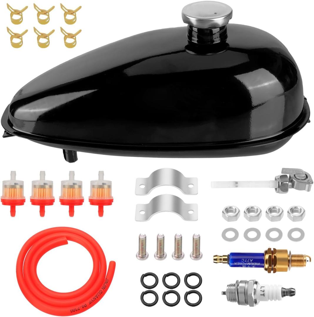 4L Metal Fuel Tank with Cap, Petcock, Filter, Line for 2 Stroke 49-80cc Motorized Bike, Motorcycle