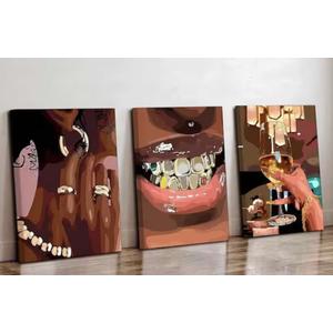 3 Pcs African American Woman Canvas Wall Art Fashion Bracelets Earrings Necklaces Gold Teeth Pictures Wall Decor,16x24in
