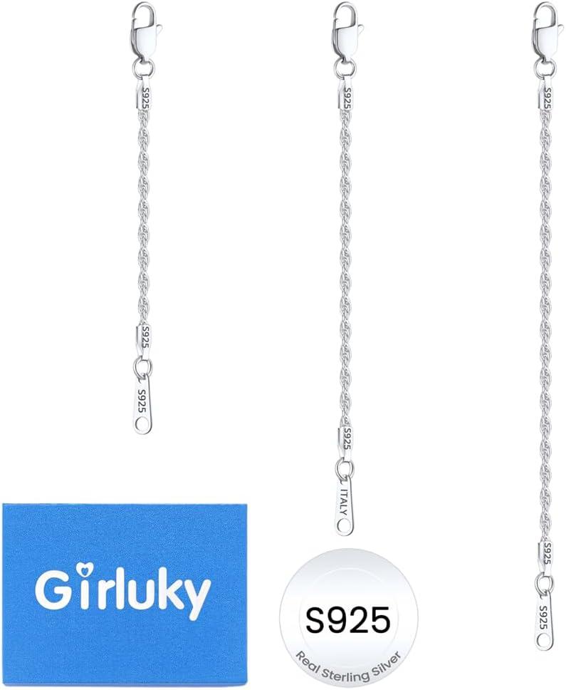 Girluky 925 Sterling Silver Necklace Extender for Women, 2.0mm Rope Chain Extenders for Necklaces, Jewelry Extenders for Necklaces Bracelets Anklets 3 Piece (2", 3", 4")