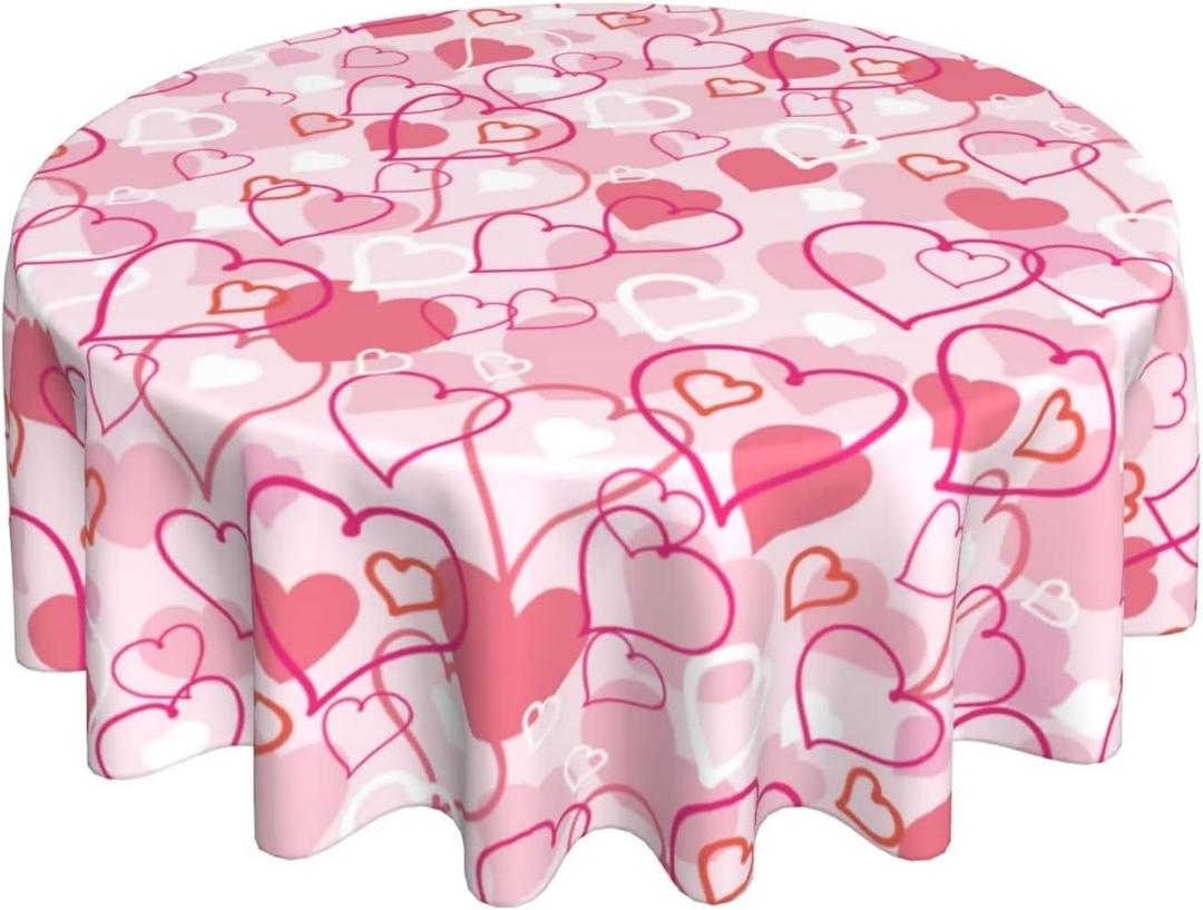 3 x Valentines Day Tablecloth Round 60 Inch,Pink Heart Table Cloth Water Resistant Washable Polyester Valentine's Day Table Cover for Kitchen Dining Table Party Decorations