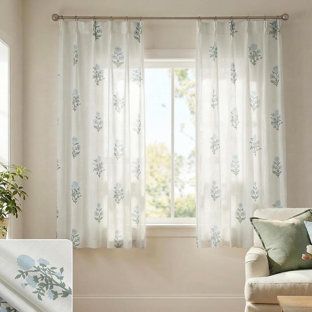 Floral Curtains 63 Inch Length for Living Room Bedroom, Blue Green White Pattern Linen Semi Sheer Light Filtering Pinch Pleated Drapes 63 Inches Long 2 Panels Set