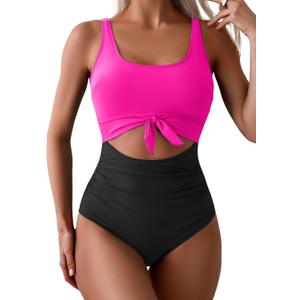 Eomenie Women's One Piece Swimsuit Tummy Control Slimming Bathing Suit Cutout Tie Knot Swimwear (Hot Pink, Black, Small)