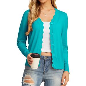 GRECERELLE Women's Long Sleeve V-Neck Button Down Cardigan Knit Shrugs Sweater (Medium, Cyan)