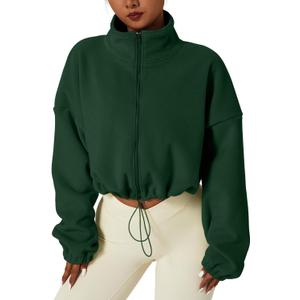QINSEN Women's Full Zip Fleece Short Jacket Warm Winter Long Sleeve Stand Collar Sherpa Crop Coat Forest Green S