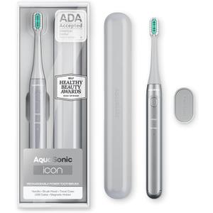 Aquasonic Icon ADA-Accepted Rechargeable Toothbrush | Magnetic Holder & Slim Travel Case | 2 Brushing Modes & Smart Timers | Gentle Micro-Vibrations (Stone) (1 Count (Pack of 1)