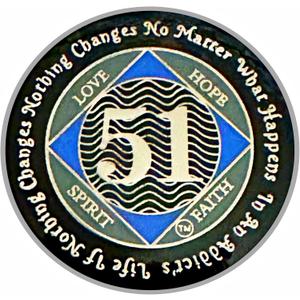(Years 1-55) NA 51 Year Medallion, Silver, Blue Color Plated, Epoxy Covered Narcotics Anonymous Coin (NA 51 Year Medallion)