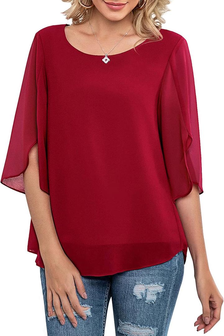 Neineiwu Womens Casual Scoop Neck Loose Top 3/4 Sleeve Chiffon Blouse Shirt Tops (XX-Large, Red)