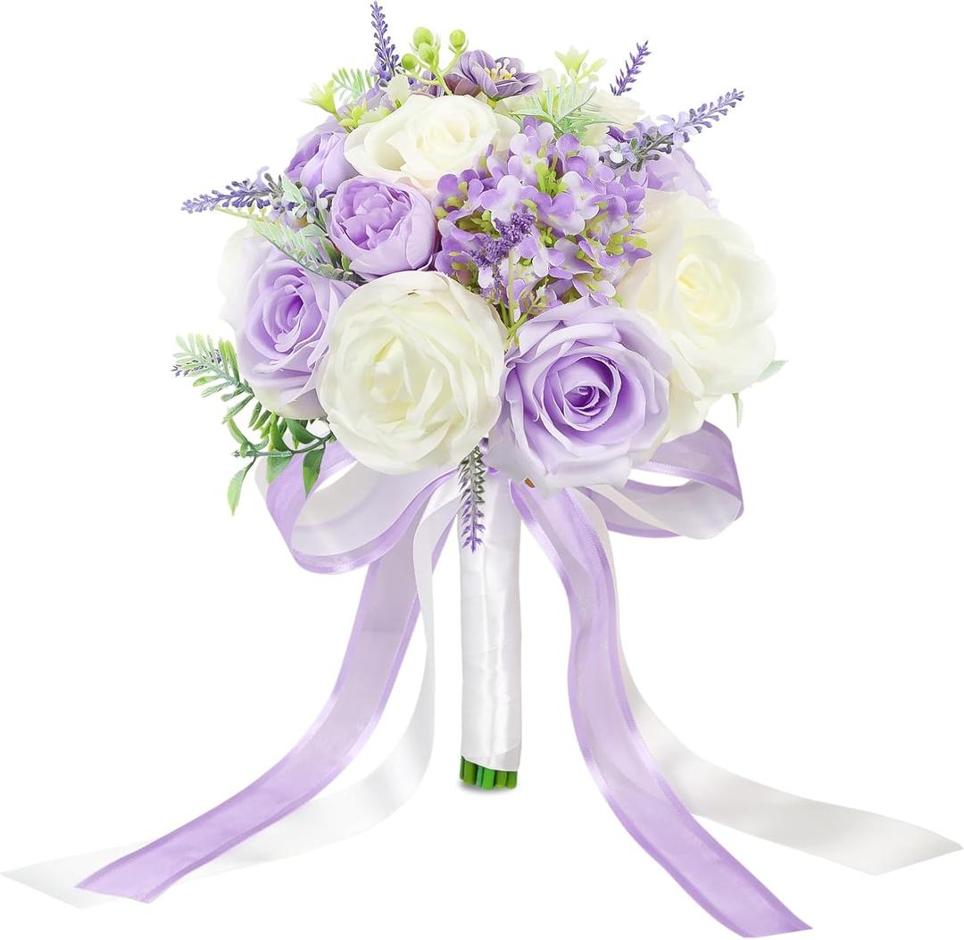 Bride Bouquets for Wedding 8.5 Inch Lilac Artificial Rose Flower Bridal Bouquets for Bride Wedding Bridesmaid Marriage Proposal Party Anniversary Church Decoration
