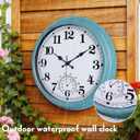 16 Inch Large Outdoor Clock Retro Waterproof Clock Non-Ticking Indoor/Outdoor Wall Clock with Thermometer, Battery Operated for Pool, Patio, Garden, Green