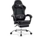 Gaming Chair, Computer Office Chair with Footrest, Massage Lumbar Support and Gel Pad, Ergonomic Reclining Adjustable Leather Gamer Chair with Headrest and Spring Cushion Black
