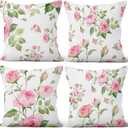 Pink Roses Throw Pillow Covers Blooming Natural Flower Bouquet Green Leaves Set of 4 Romantic Art Design Square Pillowcases for Bed Outdoor Couch Bedroom Patio Farmhouse Living Room 16x16 (Floral 7)
