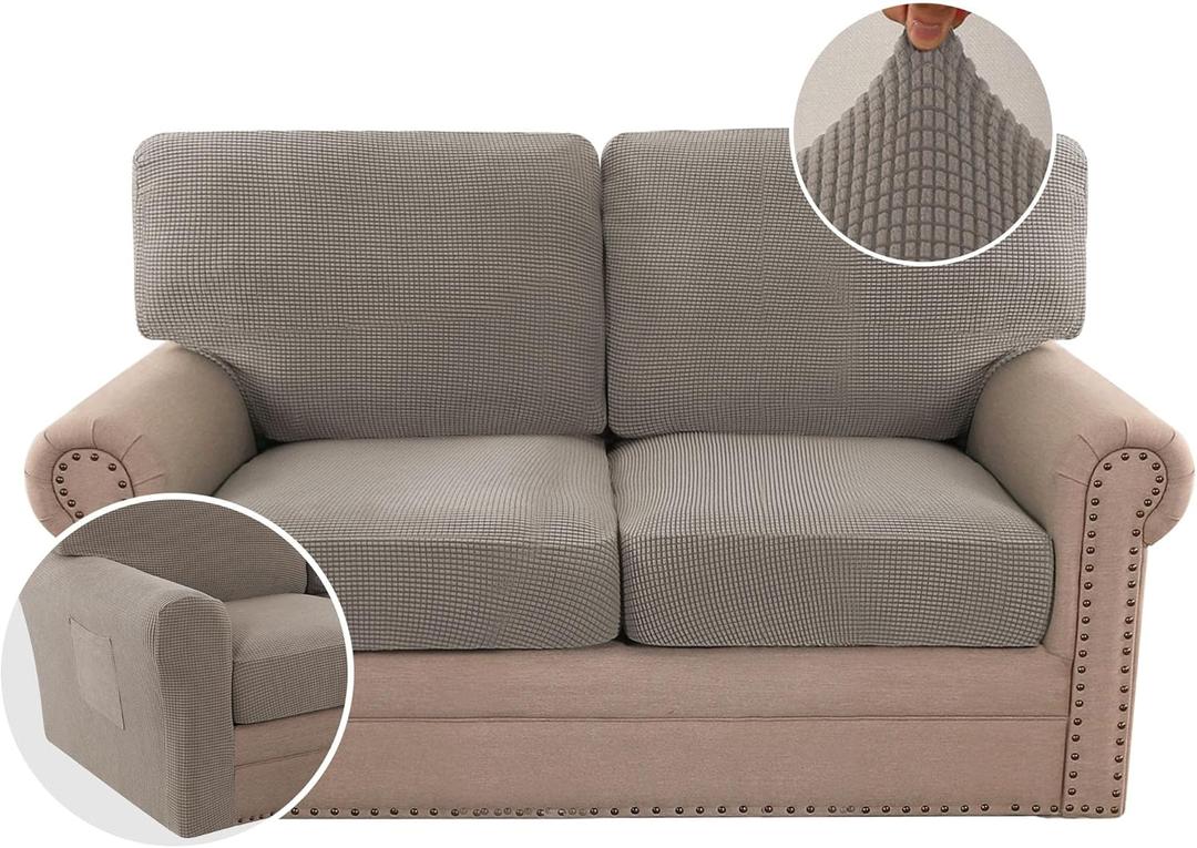 H.VERSAILTEX Multi-Pieces Sofa Covers Stretch Couch Covers Form Fitted Seats and Back Cushions Covers (2 Seat Covers Plus 2 Back Cusion Covers, Bonus 2 Armrest Covers), Taupe