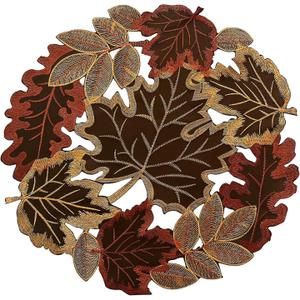 Set of 4 Round Fall Embroidered Placemats with Maple Leaves Design, Farmhouse Fall Thanksgiving Table Harvest Decorations (Round 15 inches)