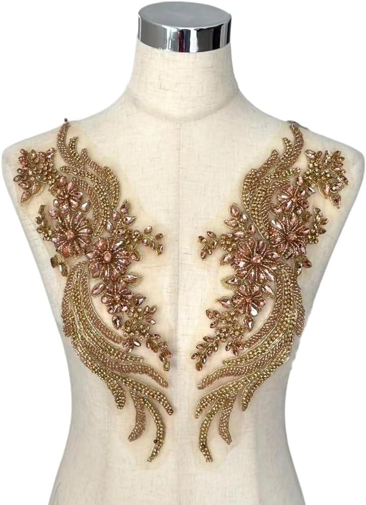 Pair Hand-Made Beaded Rhinestons DIY Clothing Appliques Patch,Rose Gold(champgane) sew on Decoration Flower Applique by Pair
