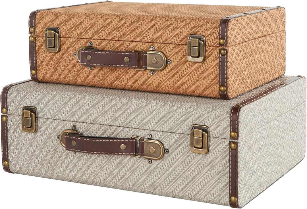 Deco 79 Wooden Decorative Trunk Vintage Studded Woven Storage Decorative Large Boxes with Bronze Latches and Brown Handles, Set of 2 Storage Trunks 16", 14"W, Multi Colored