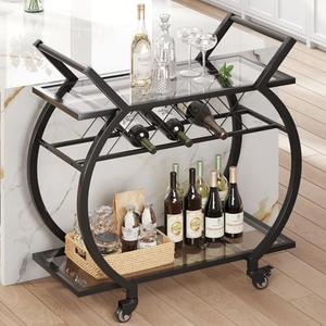 LVB Bar Cart with Glass, Black Bar Cart with Wheels, Home Bar Serving Cart with 2 Tier Storage Glass Shelves, Wine Cart with Wine Rack, Liquor Cart for Kitchen, Bar, Dinning Room
