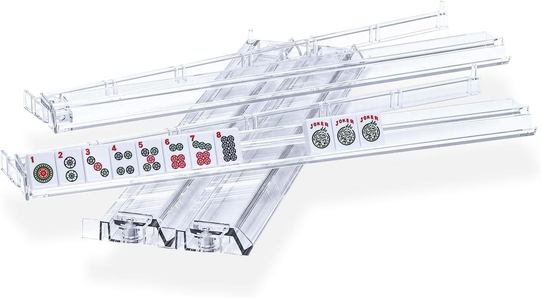Mahjong All-in-One Tile Rack & Pusher, Clear Acrylic Mahjong Rack and Pusher Combo, Modern American Mahjong Tile Racks, Set of 4, White, 17.72 inches