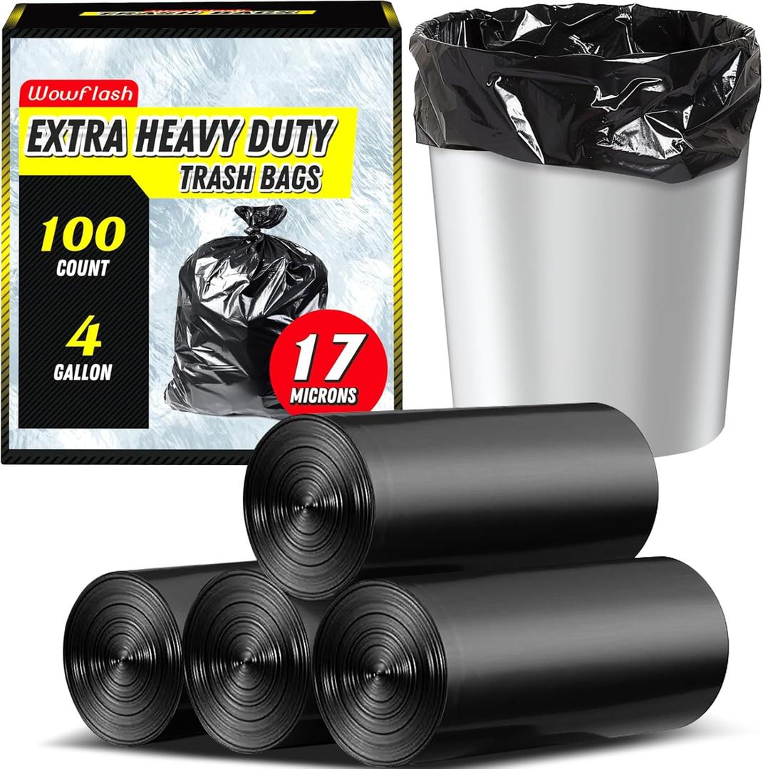 100 Count 17 Micron Extra Heavy Duty 4 Gallon Trash Bags, Sturdy & Tear-Resistant Small Trash Bags for Bathroom & Kitchen, Black