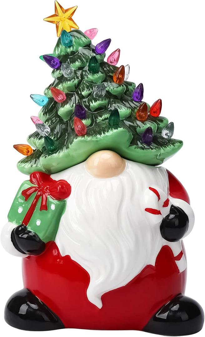 Table Top Christmas Decorations, 13" Ceramic Santa Figurine, Desk Christmas Tree, Pre-lit Battery Operated Vintage Santa Tree Ornaments with 50 Multicolored Lights + 1 Star Toppers Indoor Centerpiece