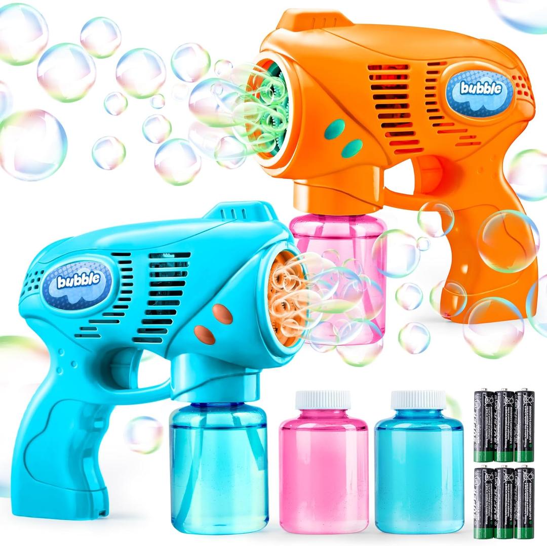 JOYIN 2 Bubble Guns with 2 Refill Solution (10 oz Total), Automatic Bubble Maker Blower Machine for Kids, Toddlers, Outdoors, Party, Birthday Gift, Easter Toys (Blue, Orange)