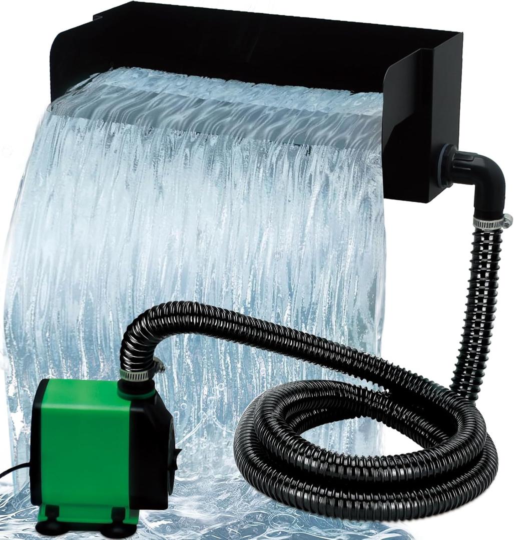 12.2in Pond Waterfall Kit,304 Stainless Steel Waterfall Spillway,Pond Spillway with 45W 740GPH Pump,10FT Corrugated Tubing,Filter
