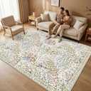 Living Room Area Rug 8x10: Vintage Floral Area Rug - Machine Washable Non Slip Low Pile Foldable Area Rugs - Family Room Dining Room Farmhouse Indoor Carpet - 8'x10' Beige