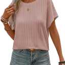 Womens Summer Tops Crochet Cap Short Sleeve Shirts Casual Loose Texture Round Neck Knit Tshirts Blouse (L)