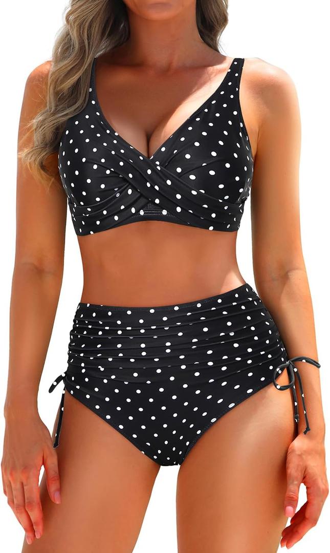 Aqua Eve Women High Waisted Bikini Twist Front Swimsuits Lace up Bikini Tops Ruched Push up 2 Piece Bathing Suits (Small, Black Polka Dot)