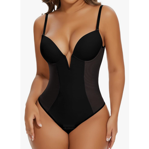 SHAPERIN Women's Deep V Neck Backless Body Shaper Bra Faja Plunge Low Back Thong Shapewear Tummy Control Bodysuit Size L