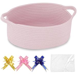 COMSE Small Woven Basket with Gift Bags and Ribbons, Gift Basket Empty, Cotton Rope Storage Organizer, Baby Toy Box with Handles, 12" x 8" x 5", Light pink