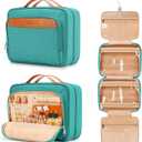 Travel Hanging Toiletry Bag for Women, with Jewelry Organizer Compartment, Medium Waterproof Hanging Makeup Accessories, Cosmetic Essentials, Toiletries Dopp Kit Set with Trolley Belt, Blue