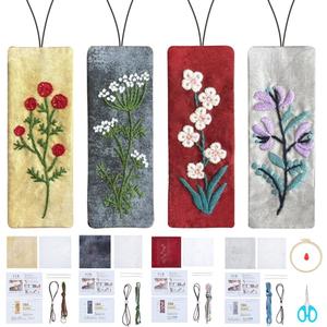 FREEBLOSS 4 Set Embroidery Bookmark Kit Flowers Embroidery Kit for Beginners with Instructions Embroidered Bookmark DIY Hand Embroidery Kit Embroidered Bookmark Kit Cross Stitch Kit