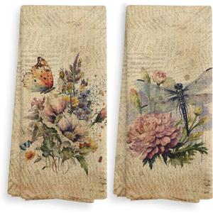 Vintage Dragonfly Kitchen Towels and Dishcloths Set of 2, Butterfly Dragonfly Decor, Floral Wildflower Kitchen Dish Tea Hand Towels, Retro Butterfly Hand Towels for Bathroom, 16x24 Inches