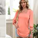 Women Dressy Shirt 3/4 Sleeve Blouse Casual 2025 Fall Fashion Top Square Neck Pleated Loose Fit Business Basic Top (Pink, M)