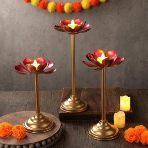 LemonRoad 3 Pcs Diwali Lotus Candle Holder Metal Diya Tealight Holder for Diwali Pooja Lotus Ghee Lamp Candle Indian Diya Oil Lamps Lamp for Buddha Temple Home Decoration