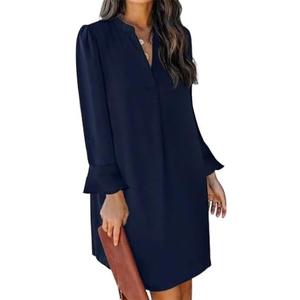 QACOHU Fall Dresses for Women 2026 Casual V Neck Long Sleeves Flowy Mini Tunic Dress, M