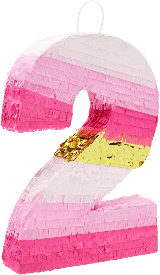 Number 2 Pinata, Pink and Gold for Girls 2nd Birthday Party Decorations, Small, 16.5x11x3 in
