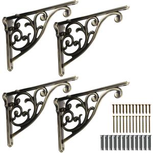 Khtumeware Ornate Decorative Shelf Brackets, 5-inch Small Wall Mounted Shelving Bracket, 4 Pack Antique Bronze Vintage Metal Shelf Bracket Victorian Wall Bracket (4, Brushed Antique Brass)