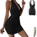 Women Sexy Bodycon Dresses V Neck Pleated Dress Slim Neck Hanging Mini Dress Halter Party Dress (Black, S)
