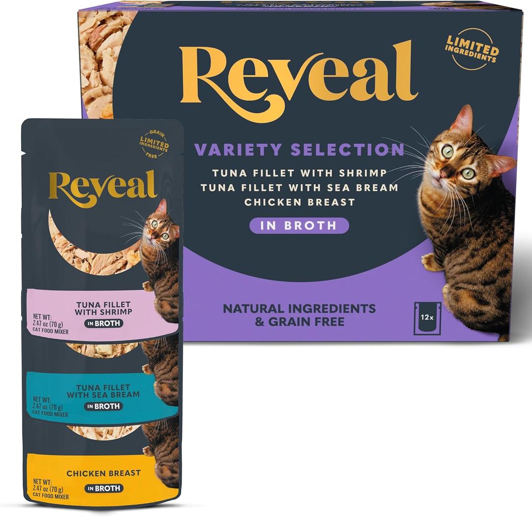 Reveal Natural Wet Cat Food, 12 Count, Grain Free, Limited Ingredient Cat Food Pouches, Fish and Chicken Variety in Broth, 2.47 oz Pouches