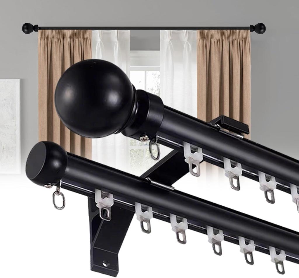 Double Curtain Rods for Windows, Heavy Duty Dual Rod Wall Mount Track Slilent Aluminum Alloy Brackets with Decorative Round Finials Rail for Bedroom/Living Room/Window/Hotel (Black,1m（3.3ft）)